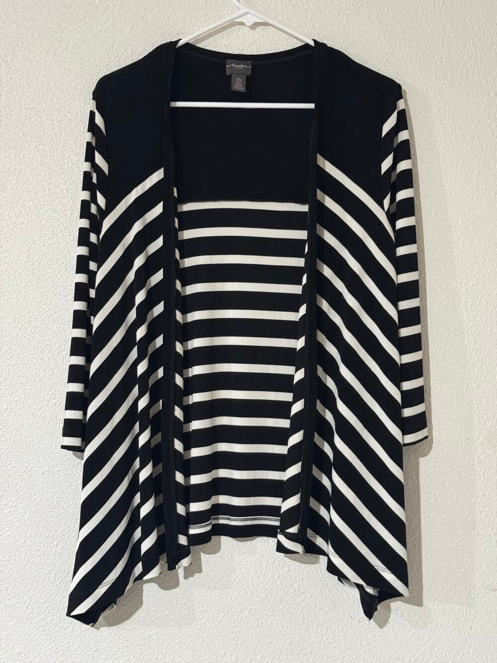 Chicos Travelers Chic Mixed Stripe Open Front Cardigan Jacket Black White Size 0